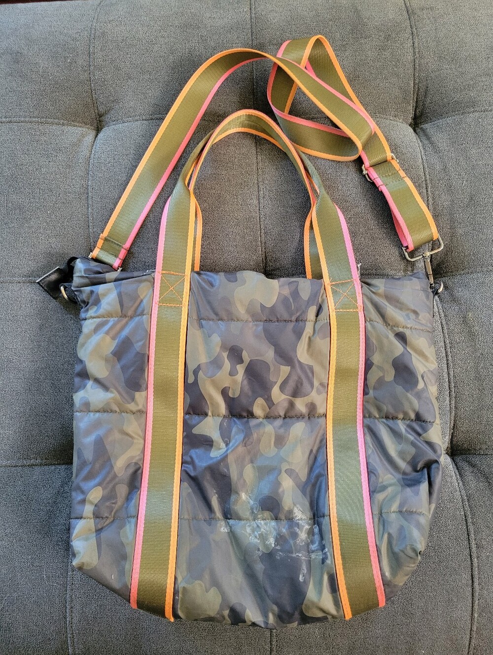 Camo Quilted Tote with Olive &Hot Pink Straps